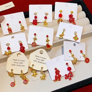 Chinese New Year Red Zodiac Horse Drop Earrings 925 Sterling Silver Post Alloy Rhinestone Fortune Character Asymmetric Stud Earrings For Women Festive Jewelry Gift