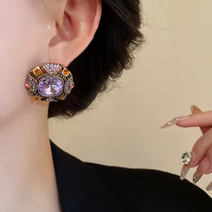 Elegant palace style vintage stud earrings with purple crystal and colorful rhinestones