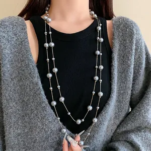 French Simple Artificial Pearl Long Necklace Layered Sweater Chain Elegant Wedding Jewelry For Women Alloy Necklace