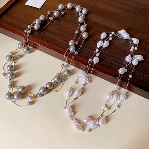 Elegant French style minimalist multi-strand faux pearl long necklace for layering fashion