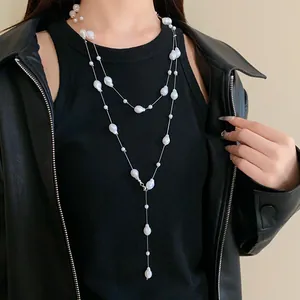 Elegant layered faux pearl long necklace for women featuring a French minimalist style.