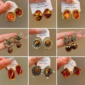 Vintage Maillard style S925 silver needle earrings with synthetic tiger eye stone decor