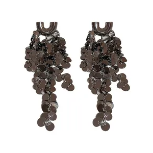 Fashionable sequin tassel earrings with cool dark metallic finish and silver needles