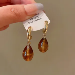 Macro shot of gold hoop earrings with brown marbled tiger eye style drops