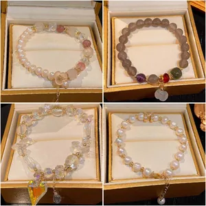 Copper Synthetic Strawberry Quartz Artificial Pearl Rhinestone Flower Bracelet Guochao Vintage Fashion Jewelry For Women