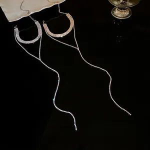 Elegant sparkling rhinestone long tassel Y-necklace set in gold and silver finish