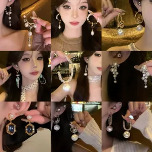 French Style Silver Earring Post Floral Geometric Artificial Pearl Tassel Drop Earrings Light Luxury Alloy Rhinestone Fashion Jewelry For Women