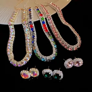 Luxury Copper Zirconia Square Pendant Necklace Earrings Jewelry Set Geometric Inlaid Choker For Women Banquet Party Accessories