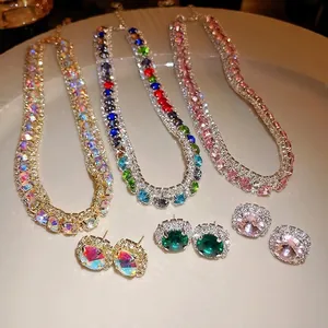 Luxury vintage rhinestone zircon square necklace and earring set in various colors