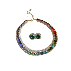 Elegant rainbow rhinestone square zirconia necklace and earring jewelry set for women