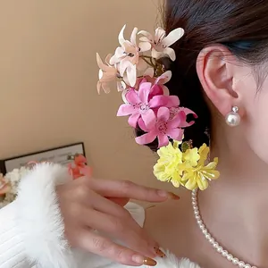 Elegant fabric flower hair stick with multi-colored blossoms for sweet hair styling