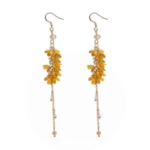 Elegant long yellow flower tassel earrings with delicate chiffon petals and bead accents