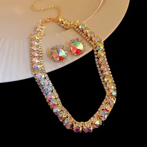 Elegant vintage AB iridescent rhinestone jewelry set including necklace and stud earrings