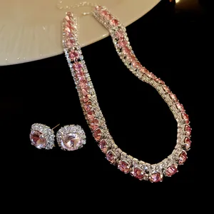 Elegant pink zircon necklace and earring set with shimmering crystals for women