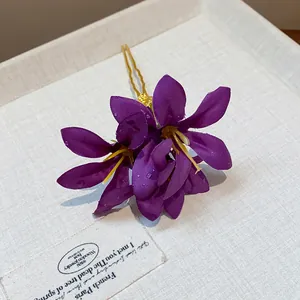 Elegant handmade purple fabric flower hair pin with golden fork for women hair styling