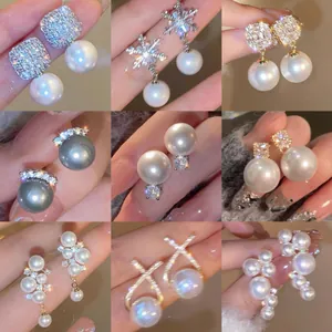 Silber Ohrringpfosten Künstliche Perle Ohrringe Französischer Stil Strass Blume Geometrische Ohrhänger Für Damen Schmuck Geschenk