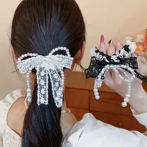 Elegant French lace bow hair tie with pearl details for women sweet hair accessories