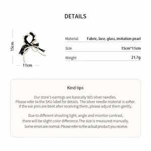 Detailed infographic of a French lace bow hair tie with material, size, and weight specs.