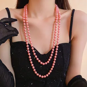 Elegant pink double strand long pearl necklace for women with vintage chic style