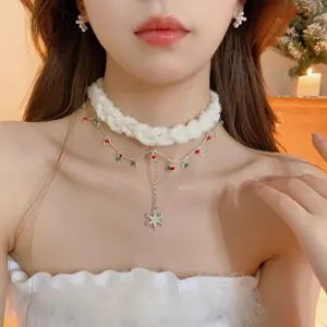 Festive Christmas snowflake choker necklace with white fuzzy band and red green beads