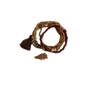 Bohemian multi-layered seed bead bracelet with vintage brown tassels accessories