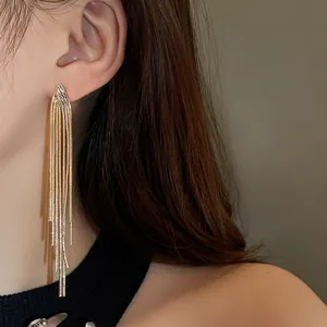 Elegant long gold metal tassel earrings featuring a geometric stud worn by a model