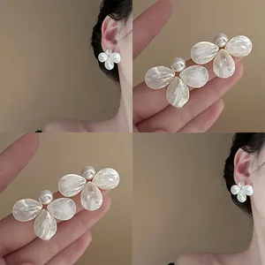 Minimalist Shell Flower Stud Earrings With Artificial Pearl And 925 Sterling Silver Earring Post Fashion Jewelry For Women