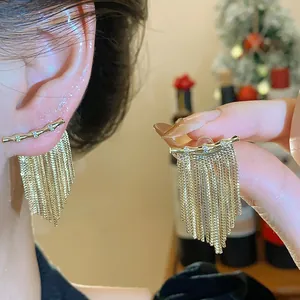 Gros plan de boucles d'oreilles à pompons plaquées or 14K avec détails en zircon.