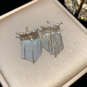 Vue détaillée de boucles d'oreilles pompon en argent avec zircon et franges délicates