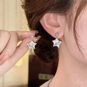 Korean Fashion Star Stud Earrings For Women With Silver Earring Post Resin Inlaid Rhinestone Gold Blue White Earrings