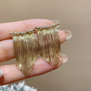 Gros plan de boucles d'oreilles à pompons plaquées or 14K avec zircons sur main
