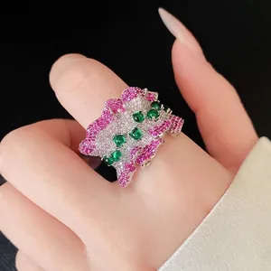 Elegant Korean style pleated irregular open ring with pink zircon and green stone accents