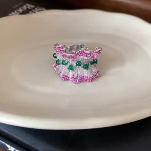 Elegant Korean style pleated irregular open ring paved with pink and green zircon stones