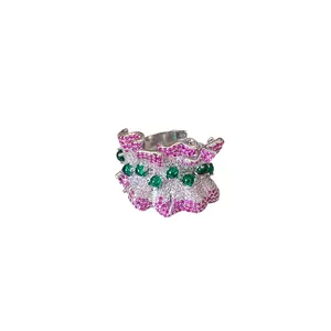 Korean style irregular ruffled open ring encrusted with pink and green zircon stones