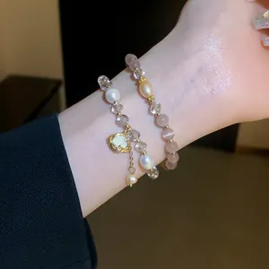 New Chinese Style Pink Cat's Eye Stone Rhinestone Double Layer Bracelet With Planet Pendant Artificial Pearl Bracelet For Women