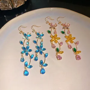 Luxury Copper Zirconia Butterfly Flower Tassel Hook Earrings For Women Sweet Rhinestone Long Dangle Jewelry Accessories