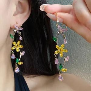 Elegant zircon butterfly and flower tassel earrings with colorful sparkling stones