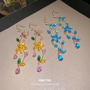 Elegant sparkling zircon butterfly and flower tassel hook earrings in vibrant colors