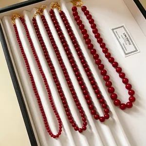 Ancora Rote Runde Glasperlen Halskette Edelstahl Schlüsselbein Kette Vintage Hongkong Stil Elegante Perlen Choker Für Damen Pendler Schmuck