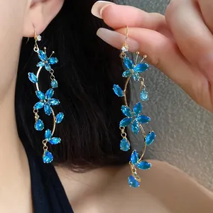 Elegant blue zircon butterfly flower drop earrings for a sweet and romantic style