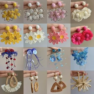 Handmade Woven Flower Tassel Drop Earrings For Women Bohemian Vacation Style Floral Dangle Earrings With 925 Silver Earring Post