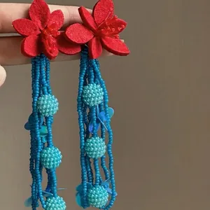 Handmade red flower beaded tassel drop earrings for bohemian resort style fashion