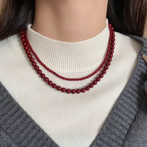 Elegante doppellagige Halskette mit roten Glasperlen im Vintage-Stil für Damen