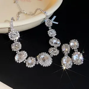 French Light Luxury Oval Rhinestone Necklace And Earrings For Women Vintage High End Copper Accessory Wedding Party Silver Color