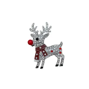 Elegant sparkling rhinestone reindeer pendant necklace with red nose for Christmas gift