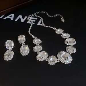 Macro view showing the intricate oval crystal detailing of this luxury French style jewelry set