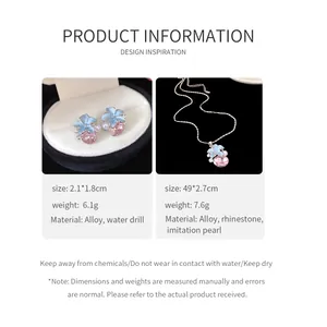 Detailed product info for blue flower earrings and necklace with size and weight specs