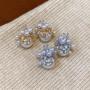 French Vintage Fireworks Artificial Pearl Stud Earrings With 925 Sterling Silver Earring Post Real Gold Plated Zirconia Inlaid Luxury Jewelry For Women