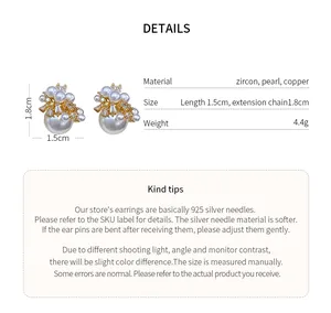 Detailed view of zircon fireworks pearl earrings with size and material specifications