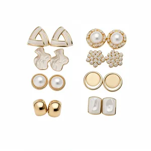 8-pair set of elegant gold-tone geometric stud earrings with pearls and white enamel finish